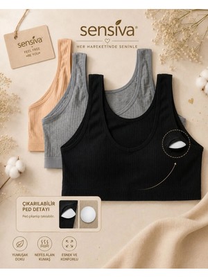 Sensiva Lingerie Bustiyer Fitilli Kalın Askılı Pedli 3'lü Paket - Pamuklu Crop Yarım Atlet - Telsiz Konfor ( 3 Adet ) Ten - Gri - Siyah