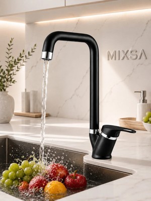 Mixsa Premium Siyah Krom Detaylı Mutfak Bataryası Lüx Tasarım Şık Batarya Çift Su Girişli