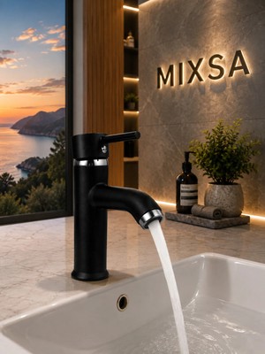 Mixsa Siyah Lüx Premium Pirinç Sabit Lavabo Bataryası Özel Tasarım Çift Su Girişli Lavabo Bataryası Çeşmesi Musluğu