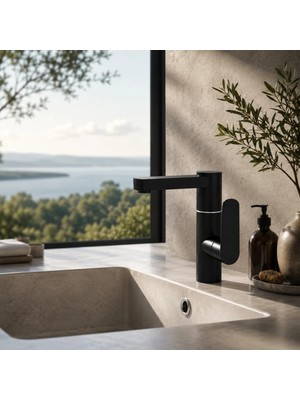 Mixsa Lüx Premium Silva 360° Döner Borulu Siyah Banyo Lavabo Bataryası Musluğu Çeşmesi Modern Batarya