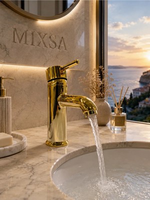 Mixsa Lüx Gold Premium Sabit Lavabo Bataryası Pirinç Ağır Gövde Çift Su Girişli Lüx Lavabo Bataryası Çeşmesi Musluğu