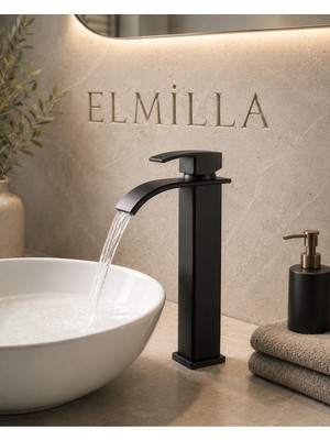 ELMİLLA Lüx Krom Premium Mat Siyah Şelale Çanak Lavabo Bataryası Çift Su Girişli Modern Musluk