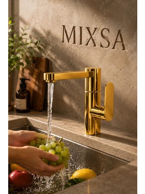 Mixsa Lüx Premium Gold Silva 360° Oynar Borulu Lavabo Bataryası Özel Seri Modern Batarya