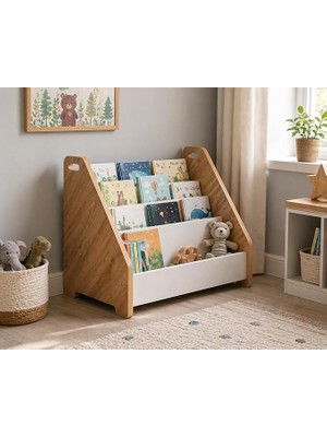 Yer Kitaplığı 3 Raflı Kapaklı Kitap Standı, Montessori Tarzı Yer Kitap Rafı ve Düzenleyici
