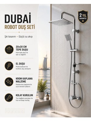 Mixsa Lüx Premium Dubai Robot Duş Seti Modern Tasarım Yağmurlama Tepe Full Krom Duş Seti