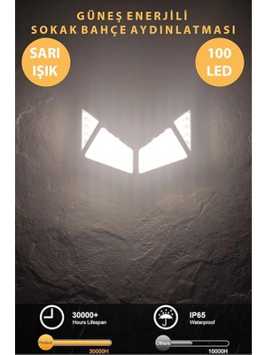 100 Ledli Sarı Işık Güneş Enerjili Hareket Sensörlü Solar Bahçe Lambası Şarj Olabilen