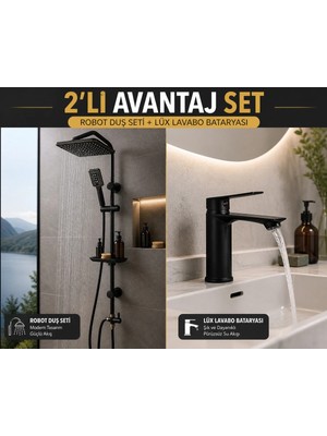 Mixsa Lüx Siyah Tepe Yağmurlama Robot Duş Seti Siyah Lavabo Bataryası 2'li Avantaj Set Modern Tasarım Set