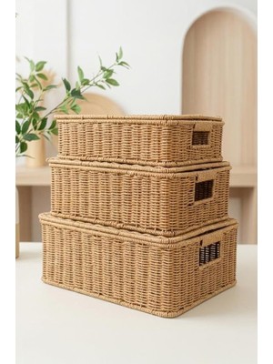 3'lü Kapaklı Hasır Rattan Organizer Sepet - BB6065
