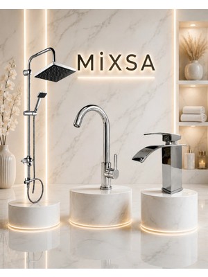 Mixsa Lüx 3'lü Set Robot Duş Seti Premium Valor Mutfak Bataryası Şelale Akışlı Lavabo Bataryası 3'lü Set
