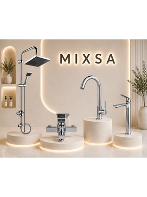 Mixsa Premium Krom Robot Duş Seti Kare Banyo Bataryası Çanak Lavabo Bataryası Lüx Mutfak Bataryası 4'lü Set