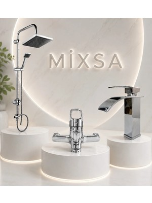 Mixsa Lüx Krom Robot Duş Seti Banyo Bataryası Premium Şelale Akışlı Lavabo Bataryası 3'lü Set Çift Su Girişli Batarya