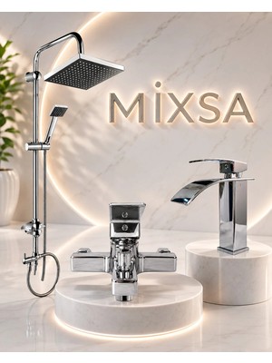 Mixsa Lüx Krom Robot Duş Seti Kare Banyo Bataryası Premium Şelale Akışlı Lavabo Bataryası 3'lü Set