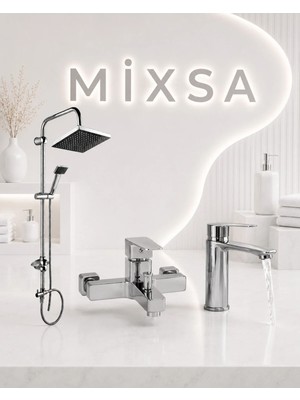 Mixsa Krom Robot Duş Seti Kare Banyo Bataryası Sabit Lavabo Bataryası 3'lü Set Lüx Tasarım Premium Set