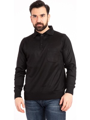 Nacar Store Erkek Siyah Ince Yün Triko Örgü Polo Yaka Baba Kazak