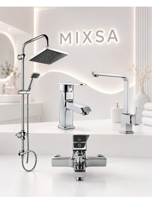 Mixsa Lüx Premium Kare Robot Duş Seti Krom Kare Banyo-Lavabo-Mutfak Bataryası 4'lü Set Pirinç Gövde