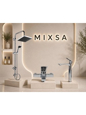 Mixsa Lüx Premium Krom Robot Duş Seti Kare Banyo Bataryası Çanak Lavabo Bataryası 3'lü Set Zarif ve Şık Tasarım