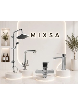 Mixsa Lüx 4'lü Set Robot Duş Seti 3 Yollu Arıtma Bataryası Kare Banyo Bataryası Çanak Lavabo Bataryası Şık Tasarım 4'lü Set
