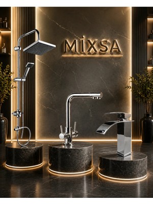 Mixsa Krom Robot Duş Seti Lüx 3 Yollu Arıtmalı Mutfak Bataryası Şelale Akışlı Lavabo Bataryası 3'lü Set