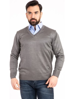 Nacar Store Erkek Gri Ince Yün Triko V Yaka Triko Kazak