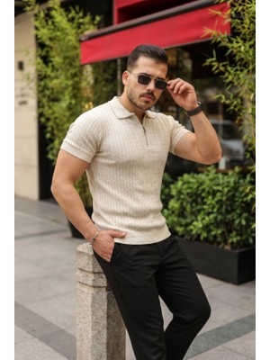 Efnaz Style Erkek Örgü Desen Fermuar Yakalı Triko Tişört