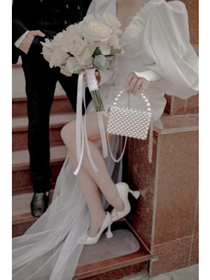 Ravinity Krem Incili Zincir Askı Detaylı Gelin Çantası Abiye Tamamlayıcı Nikah Düğün Çantası