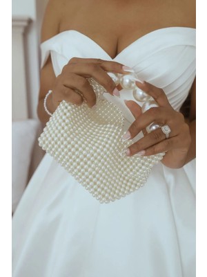 Ravinity Beyaz Inci Gelin Çantası Büyük Inci Saplı Düğün Nikah El Çantası