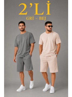 Hace Bazaar Erkek 2’li Oversize Tişört Şort Takım Seti Yazlık Iki Iplik Kumaş - Gri, Bej -Hcb