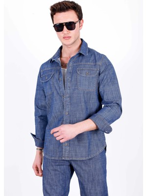 Hlt Jeans Erkek Koyu Mavi Likralı Denim Regular Kalıp Düğmeli Kot Gömlek JOHN-3023