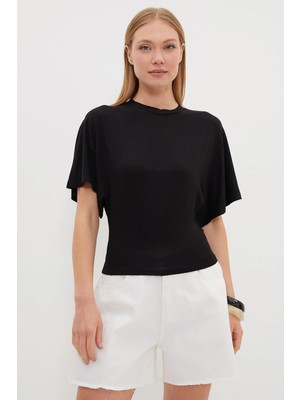 FullaModa Yarasa Kol Bisiklet Yaka Crop Bluz