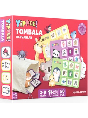 YİPPEE Hayvanlar Çocuk Tombala Oyunu | Çocuklar İçin Hayvanları Öğrenme Oyunu | 8 Tabla | 50 Plastik Pul | Ham Bez Kese