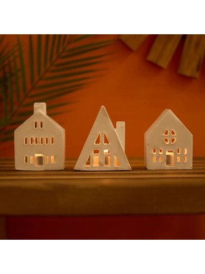 Matmel Deco 3'lü Ev Şekilli Mumluk Seti - Beyaz - 19 cm