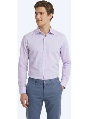 Kip Lila Düz Regular Fit Uzun Dokuma Casual Pamuk Karışımlı Gömlek