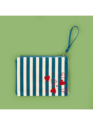Matmel Çizgili Kalp Detaylı Kozmetik Çantası - Mavi / Bej - 16X25 cm