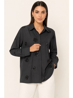 Bihan Store Kadın Siyah Payet Detaylı Uzun Kollu Gömlek Bluz 62066-SIYAH