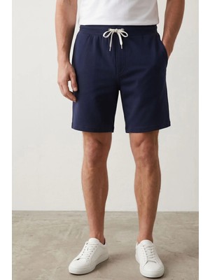 elemge Pamuklu Erkek Lacivert Casual Şort Yan Cep Bağcıklı Regular Fit Boru Paça Günlük Bermuda 2 Iplik
