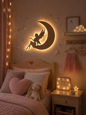 Runc Design Işıklı Ay ve Peri Temalı Kız Çocuk Odası Duvar Dekoru - Ledli Çocuk Odası Gece Lambası Duvar Süsü