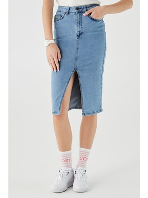Lacoste Slim Fit Womens Skirt Dar Kesim Yırtmaçlı Kadın Kot Etek Mavi