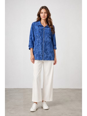 Bihan Store Kadın Fermuarlı Taş Detaylı Desenli Gömlek - Y26-1151 - Mavi