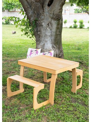 Lili Kids Lilikids Çocuk Piknik Masa Seti 2 Banklı Katlanabilir Kayın Kontraplak 80X60 cm Montessori
