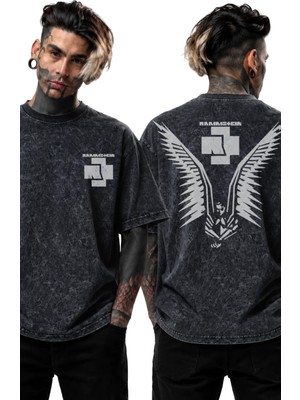 Unisex Rammstein Logo Sırt Baskılı Yıkamalı T-Shirt, Oversize Rock Band Temalı Retro Tişört