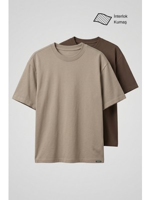 Allunique Erkek 2'li Bej/kahve Oversize Interlok T-Shirt