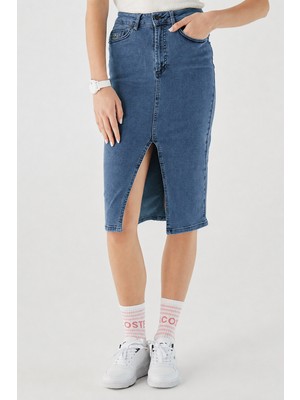 Lacoste Slim Fit Womens Skirt Dar Kesim Yırtmaçlı Kadın Kot Etek Lacivert