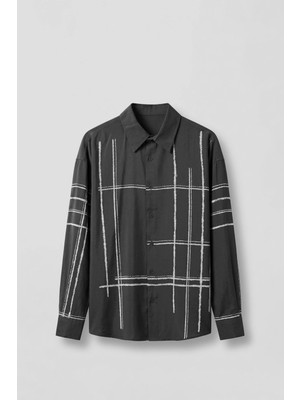 Abluka Online Erkek Oversize Flok Çizgili Uzun Kollu Tencel Gömlek Siyah