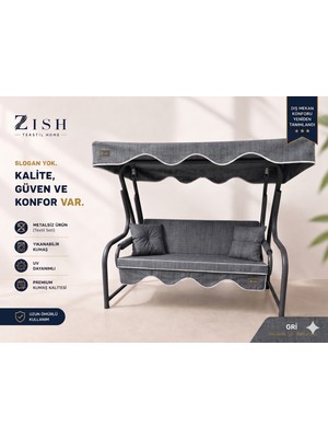 Zish Home 3 Kişilik Bahçe Balkon Salıncak Minderi Takımı | Fermuarlı Yıkanabilir Kılıflı Tekstil Seti | 24 DNS 8 cm Sünger | Oturak Minderi, Sırt Minderi, Tente, 2 Kolçak ve 2 Kırlent | 164×48×8 cm
