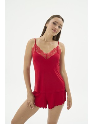 Sevim Kadın Dantelli Ince Askılı Şortlu Kırmızı Pijama Takımı Rahat Kesim C3T3N471