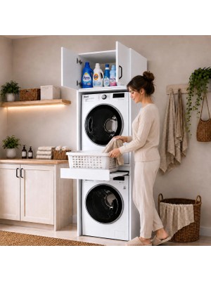 Rani KD116 Modern Çamaşır ve Kurutma Makinesi Dolabı Suntalam Malzemeden Çekmeceli Beyaz