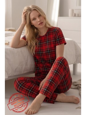 Farya Home Soft Bambu Pamuklu Likralı Kısa Kollu Ekose Kareli Pijama Takımı