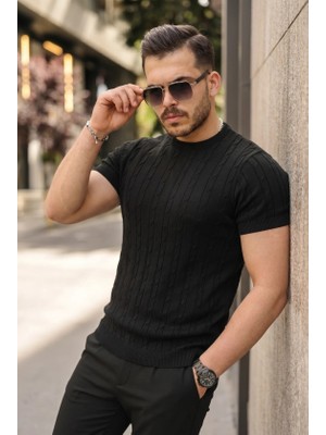 Defy Moda Erkek Örgü Desen Bisiklet Yaka Triko Tişört - %100 Pamuk Akrilik