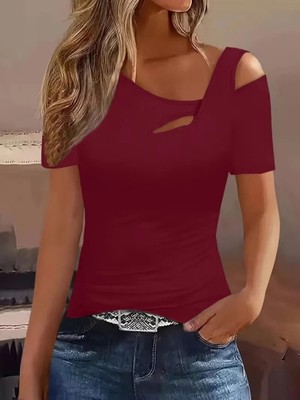 Defy Moda Kadın Kısa Kollu Asimetrik Yaka Detaylı Viskon Bluz
