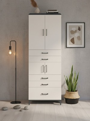 Dienni Arges Çok Amaçlı Dolap Mutfak Banyo Dolabı 4 Raflı 5 Çekmeceli 4 Kapaklı 88X30X243 Antrasit-Aytaşı